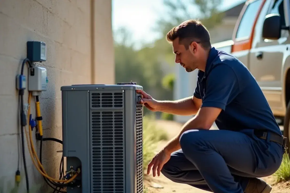 Technician checking mini-split pressures with gauges at a compact home in Garza-Salinas II