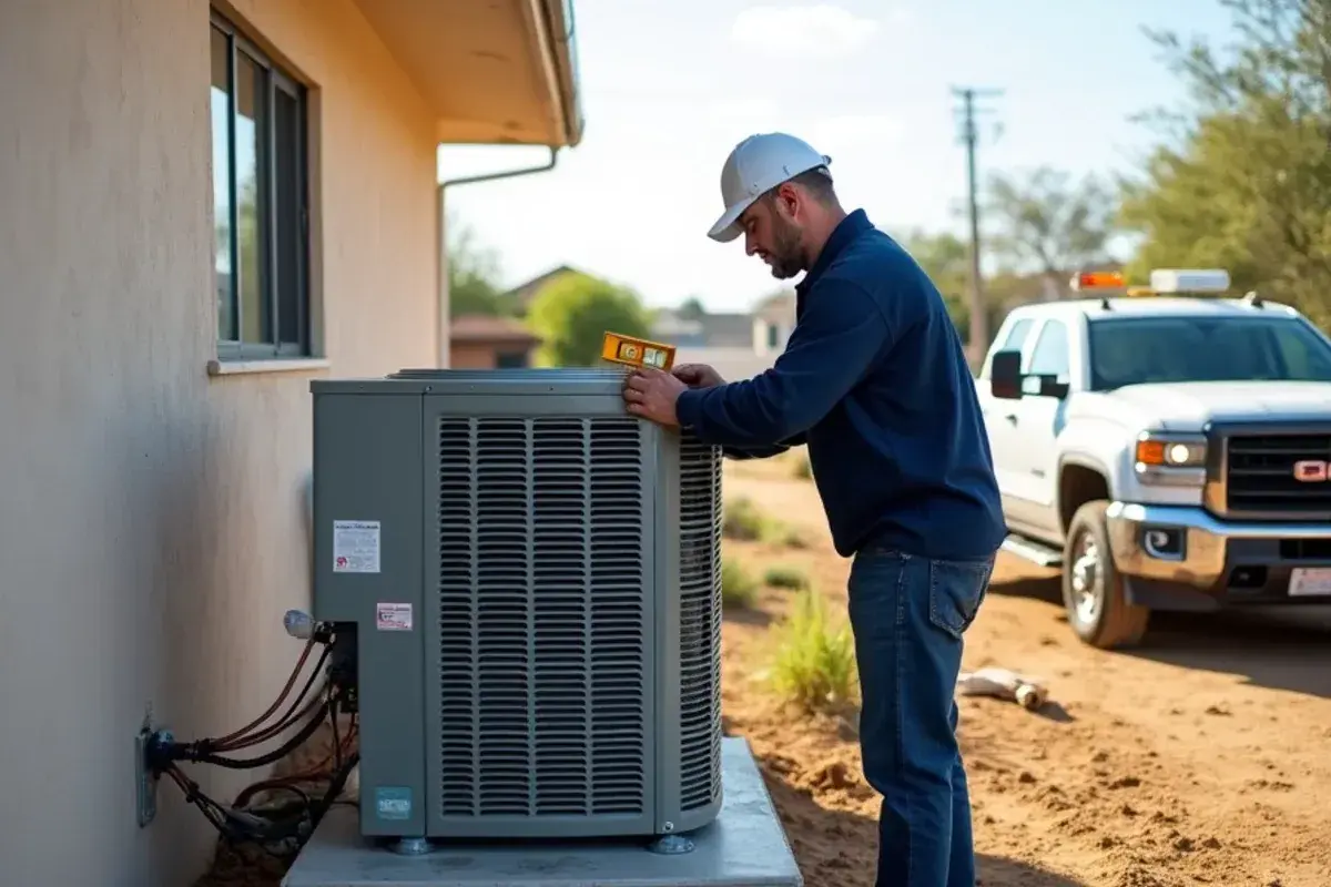 AC condenser sitting on a newly raised concrete pad beside a Granjeno home