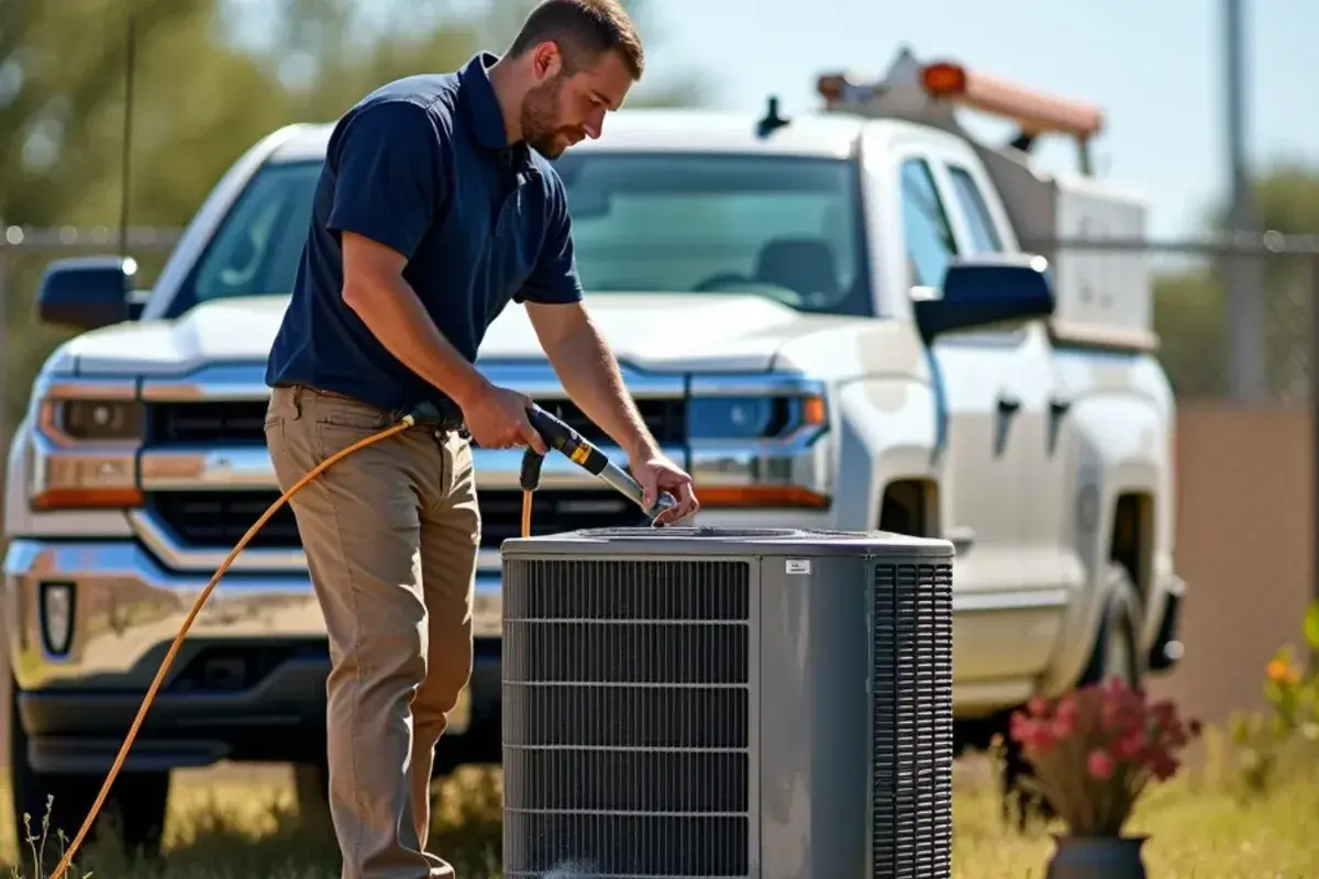 Rinsing dust and debris from a condenser coil at a riverside home in Granjeno