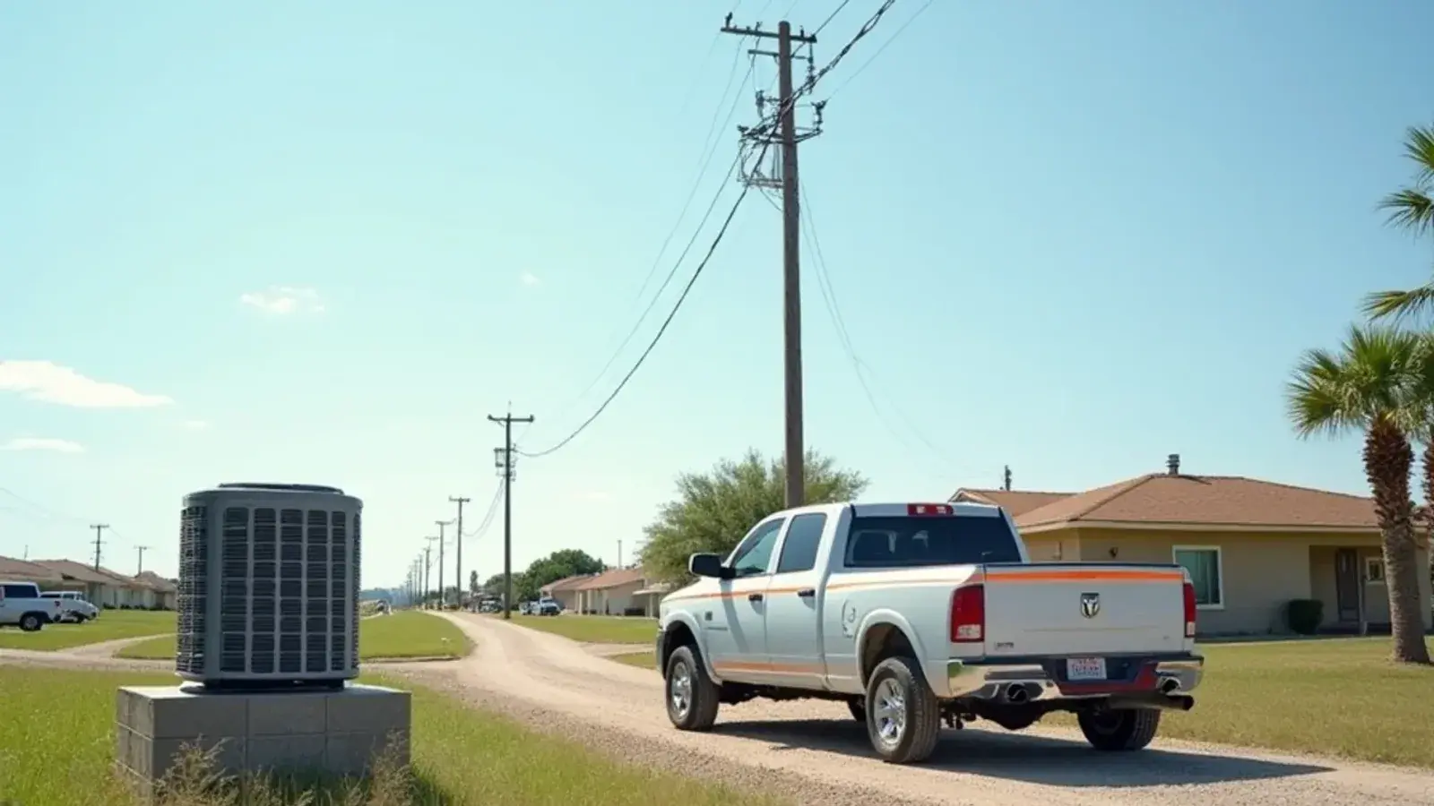 Service pickup by a small home with a raised condenser pad at the foot of a grassy levee in Granjeno, TX