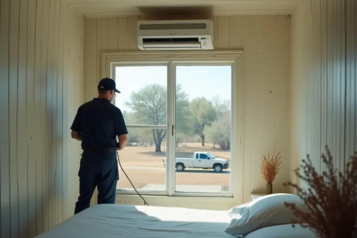 Newly mounted mini-split indoor unit above a bed in an older home near the Rio Grande in Hidalgo County