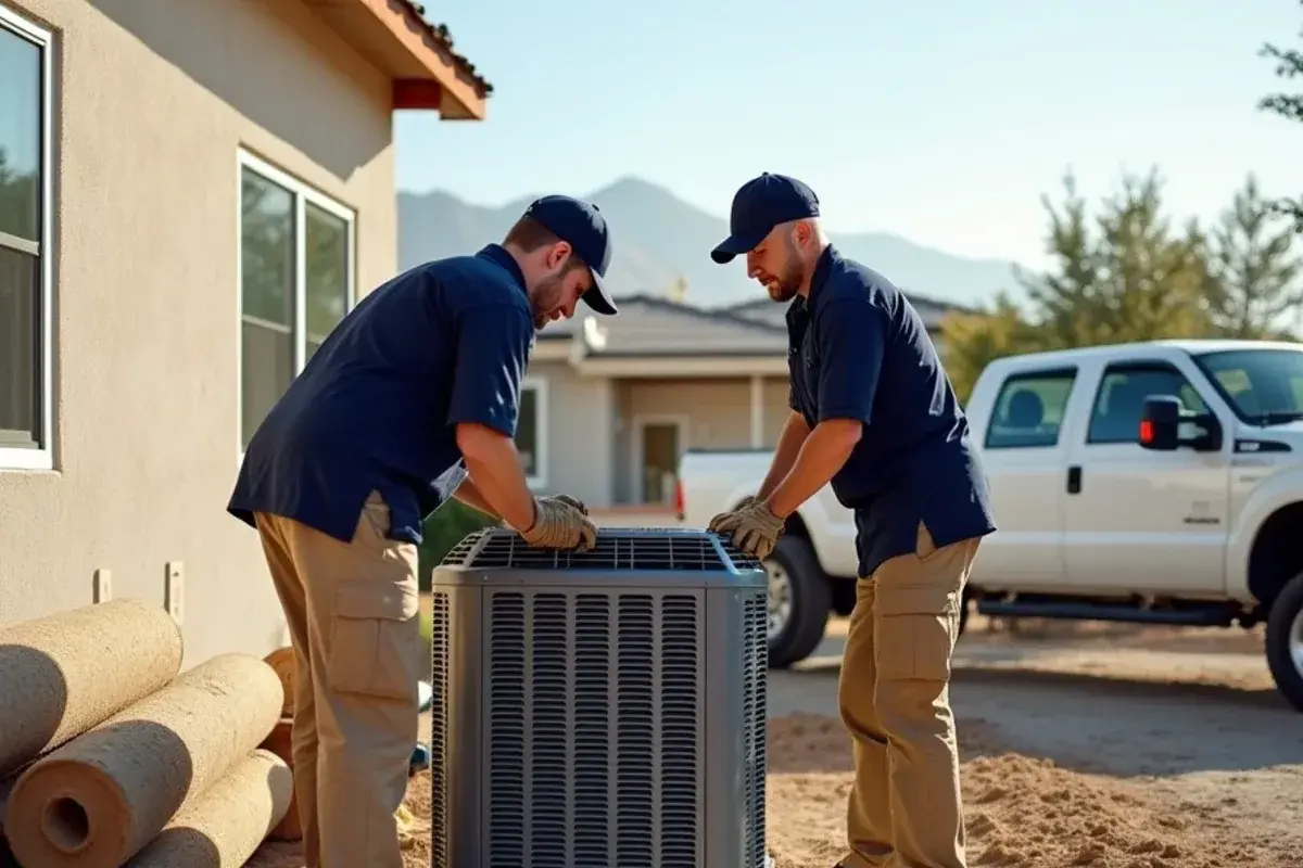 Two technicians setting a new AC condenser on its pad at a recently built Hidalgo County home