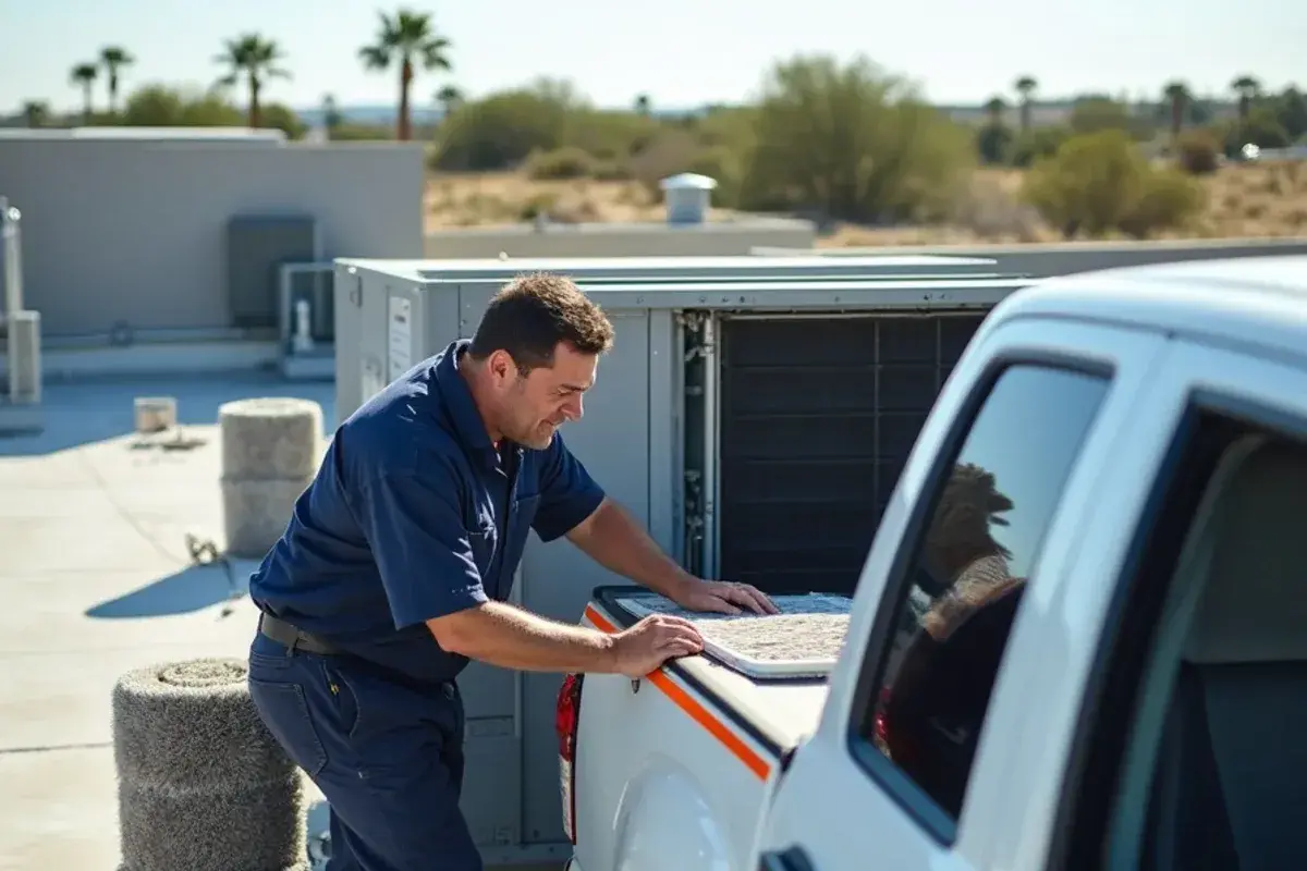 Technician changing filters on a commercial rooftop unit above a Hidalgo County shopping center