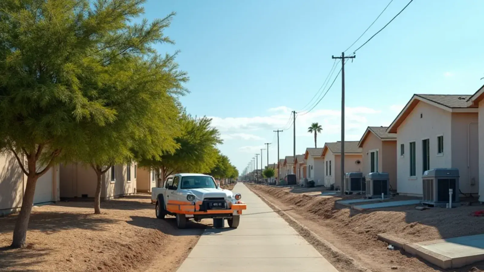 New subdivision homes with fresh AC condensers and a service pickup beside a citrus grove in Hidalgo County, TX