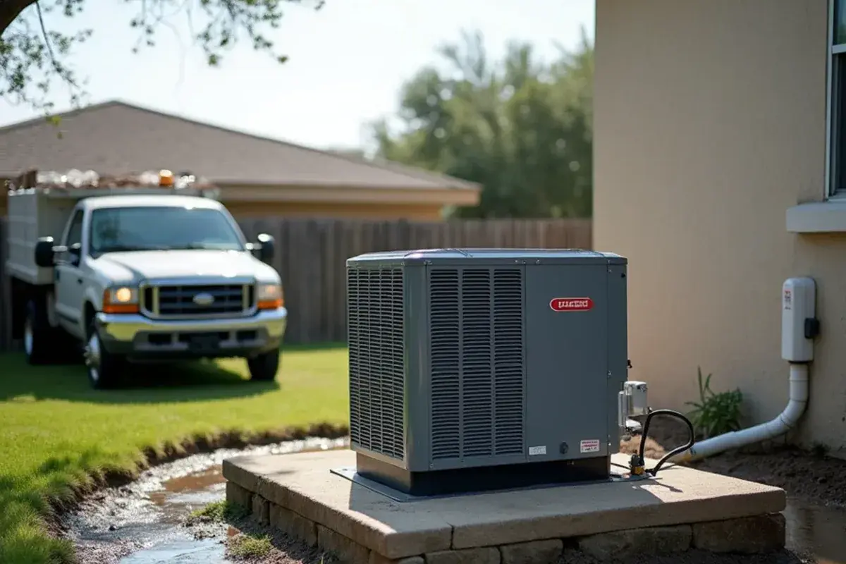 AC condenser set on a raised concrete pad above low, damp ground in Hidalgo, TX