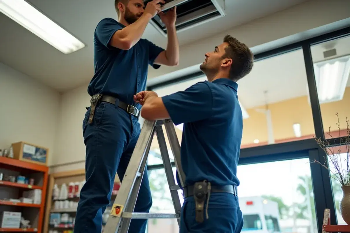 Technician checking an air handler above the ceiling of a small storefront in Hidalgo