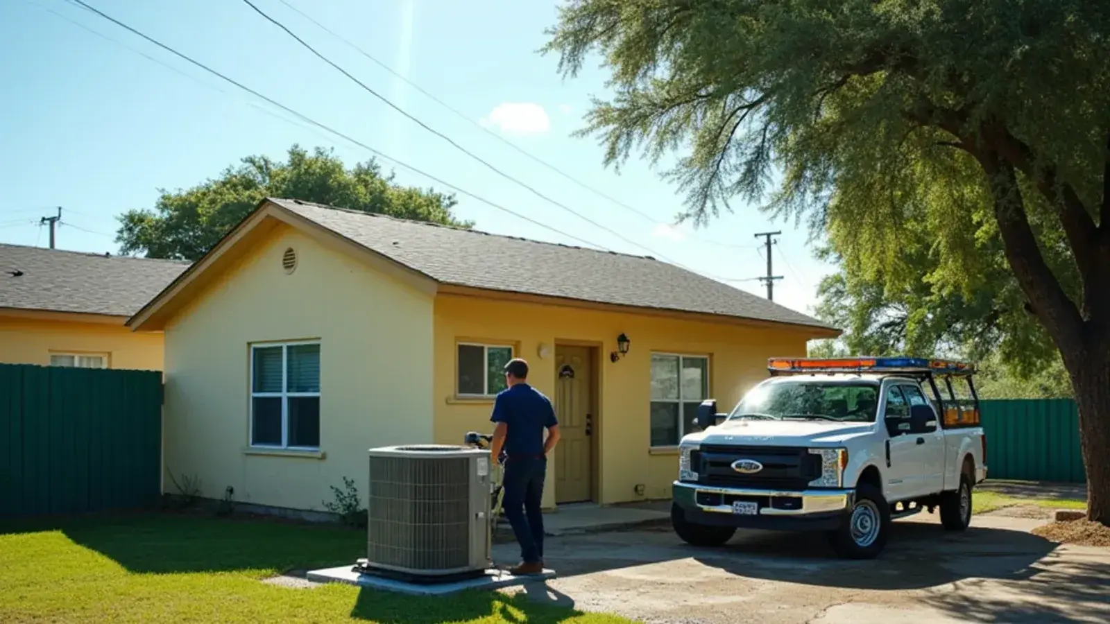 Older stucco home with a raised AC pad on wet ground after a storm, levee behind, in Hidalgo, TX