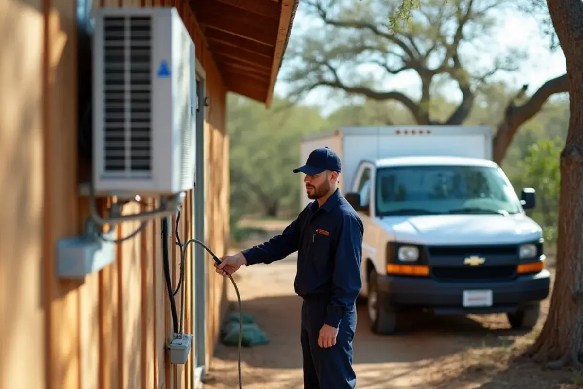 Ductless condenser on a raised wall bracket at a hunting cabin in Jim Hogg County brush