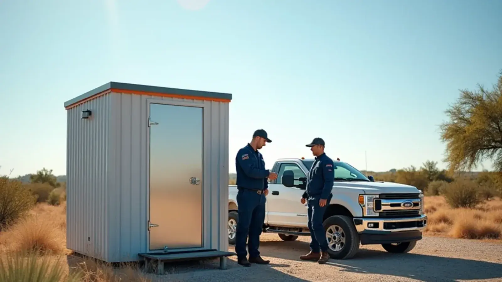 Walk-in cooler with condensing unit beside a cabin at a deer-season camp in Jim Hogg County, TX