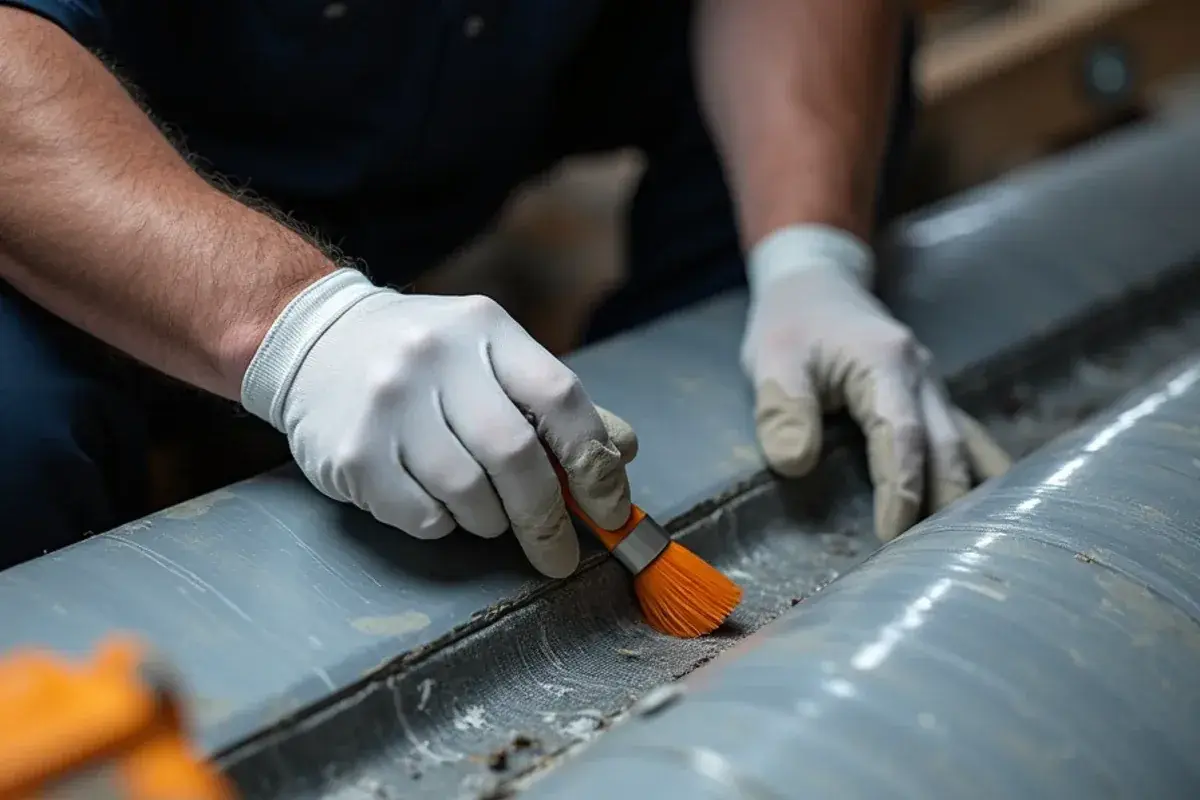 Technician brushing duct mastic onto a supply plenum seam in a La Grulla attic