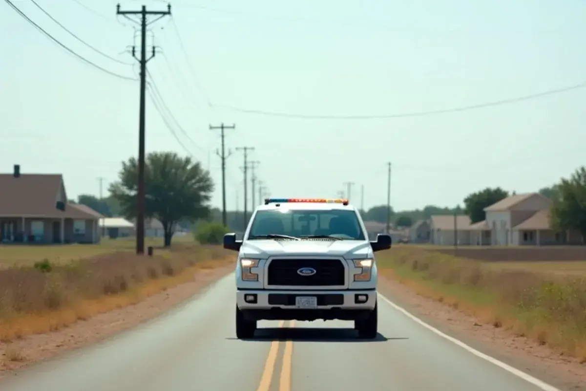 Unmarked white service pickup on a farm road between homes and fields north of US-83 near La Homa, TX