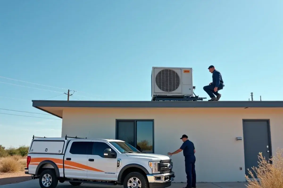 Packaged AC unit on the roof of a small commercial building along US-83 in western Hidalgo County