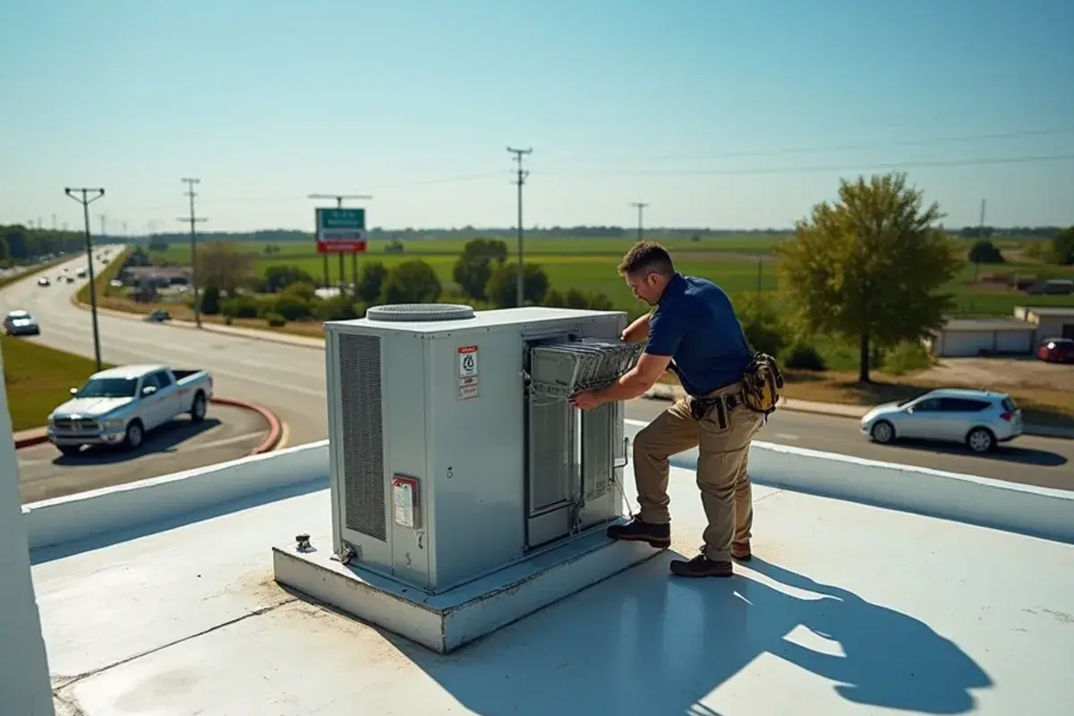 Small packaged rooftop AC unit on a flat-roofed roadside business in La Puerta, TX
