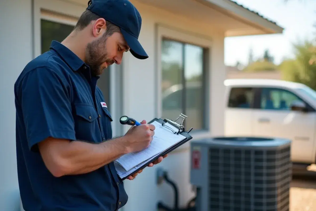 Technician filling out a maintenance checklist beside a storefront condenser in La Puerta