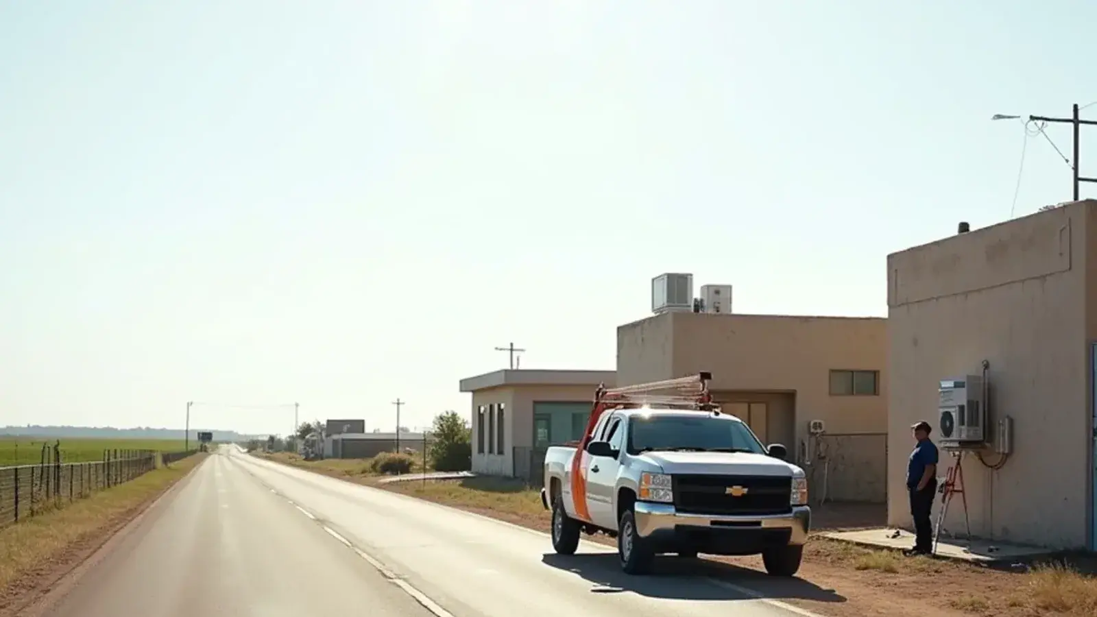 Roadside shop, family home and converted garage with rooftop and split AC units along a frontage road in La Puerta, TX