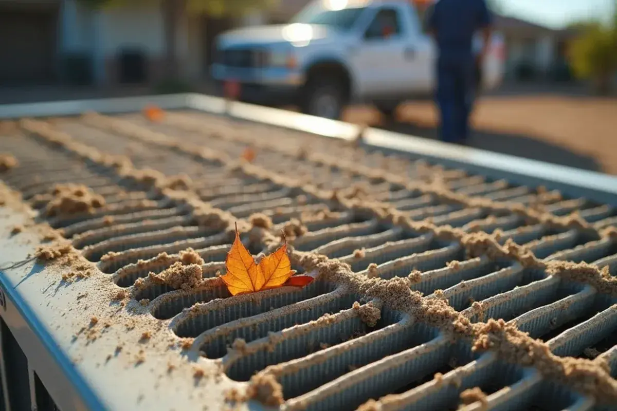 Close view of condenser coil fins packed with tan caliche dust at a Las Lomas home