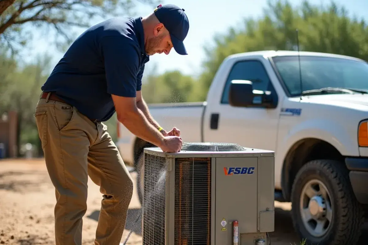 Technician rinsing a condenser coil from the inside out at a home in Las Lomas