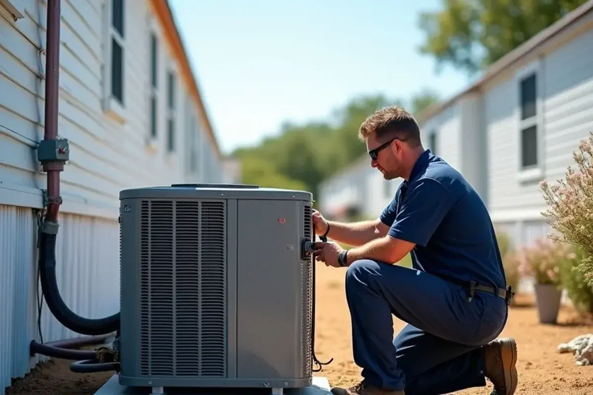 Package AC unit connected to the skirting of a manufactured home in Las Lomas