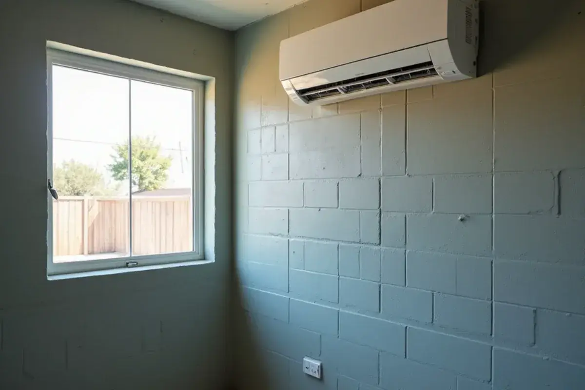Mini-split indoor head on the wall of a block room addition in Las Lomas