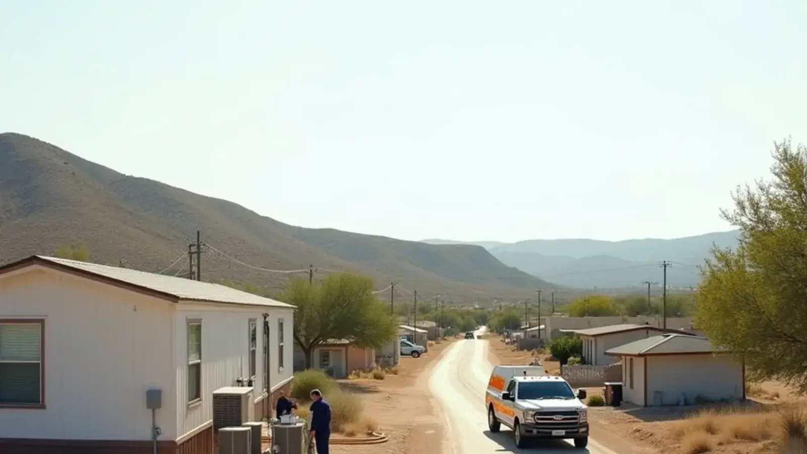 Caliche road over low hills to a manufactured home with an AC condenser and a service pickup in Las Lomas, TX