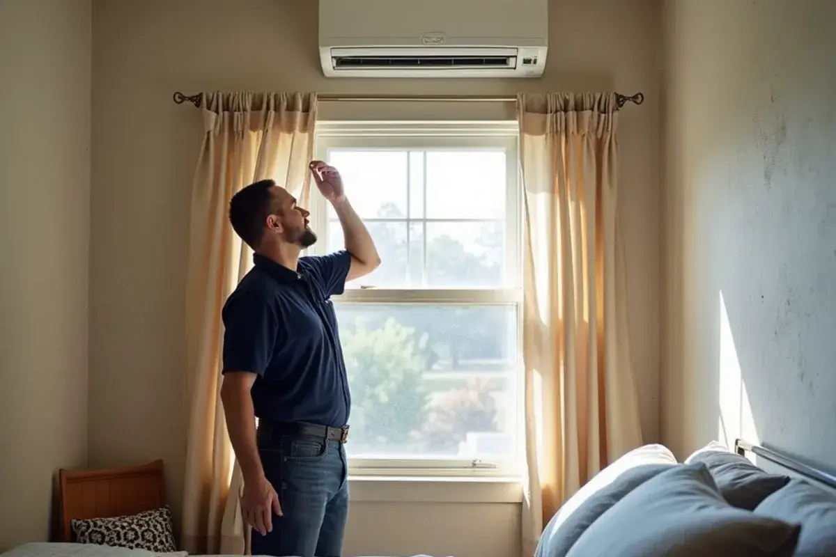Wall-mounted mini-split head above a bedroom window in a Lopezville block home