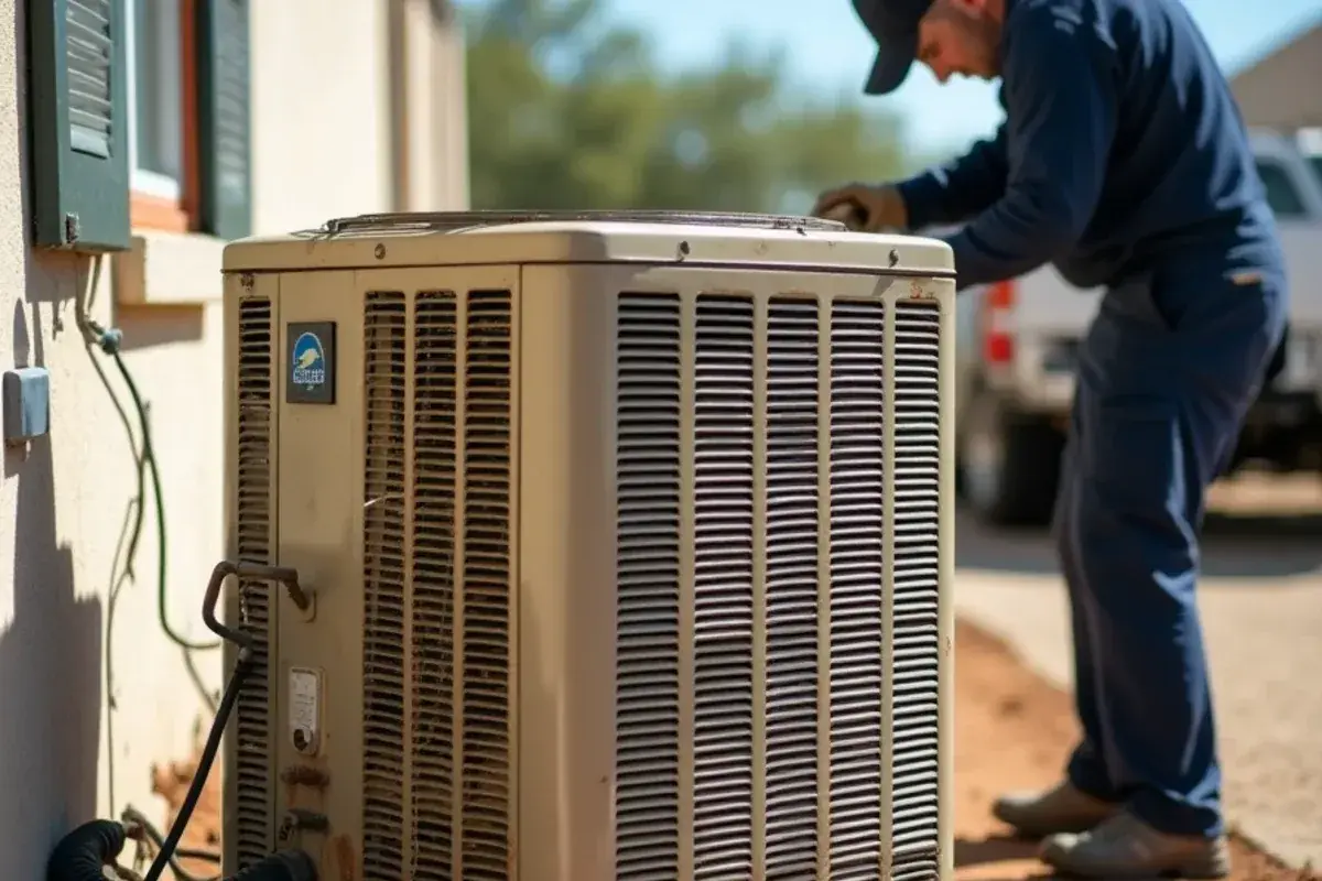 Aging central AC condenser with faded cabinet and bent fins beside a Lopezville home