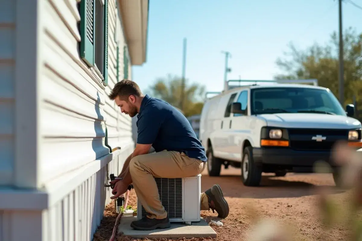 Mini-split line set running along a manufactured home in the Lopezville area