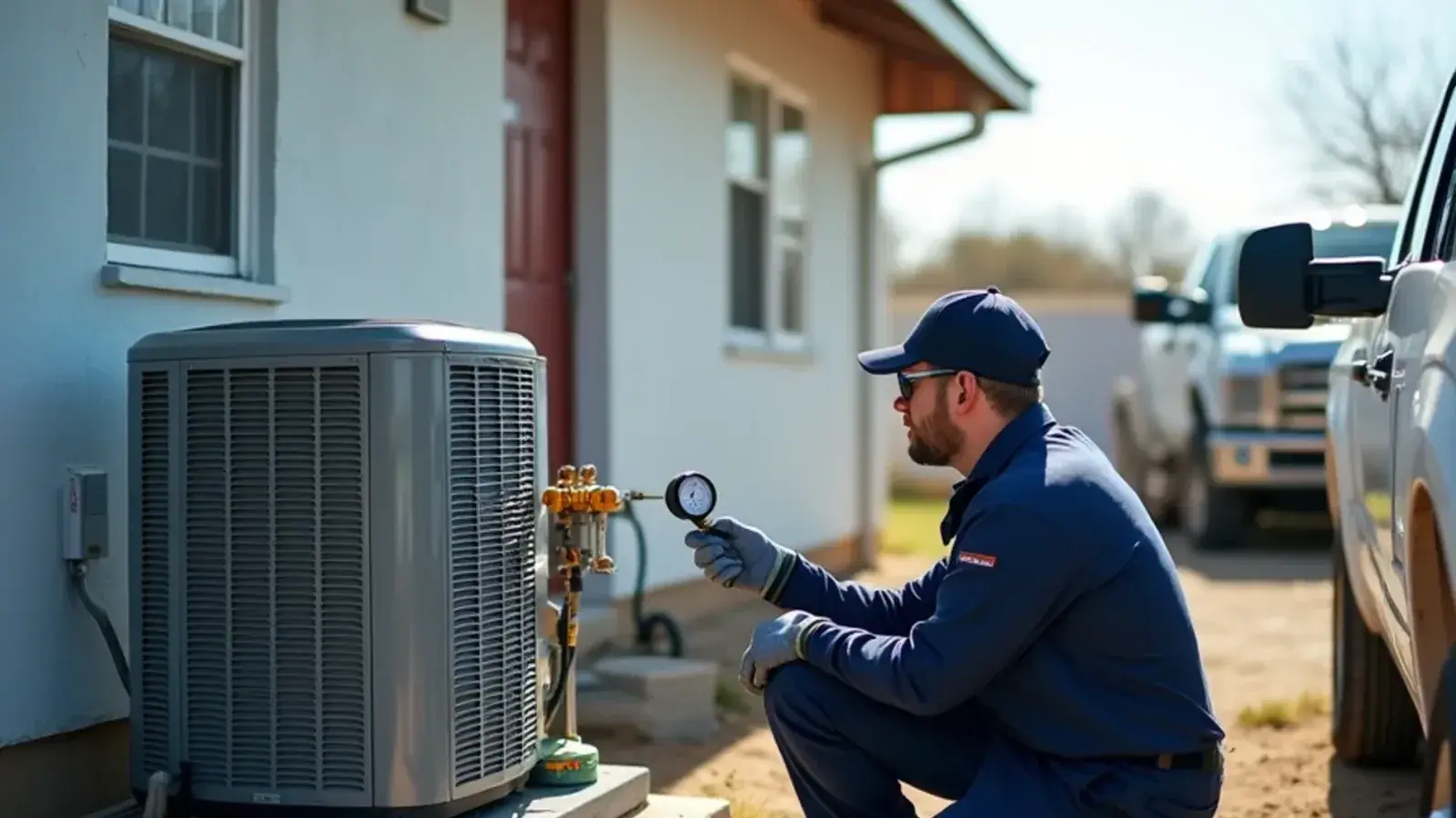 Technician checking refrigerant pressures at an older condenser beside a block home in Lopezville, TX