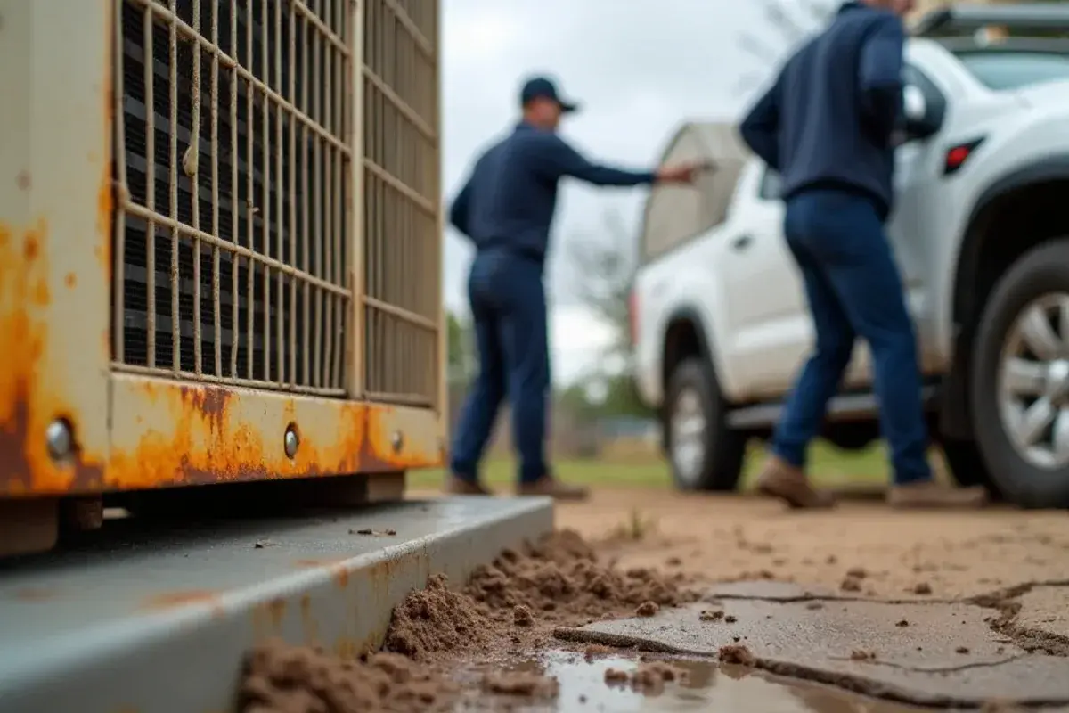 Rust along the base rail of an outdoor AC unit exposed to river moisture near the Rio Grande