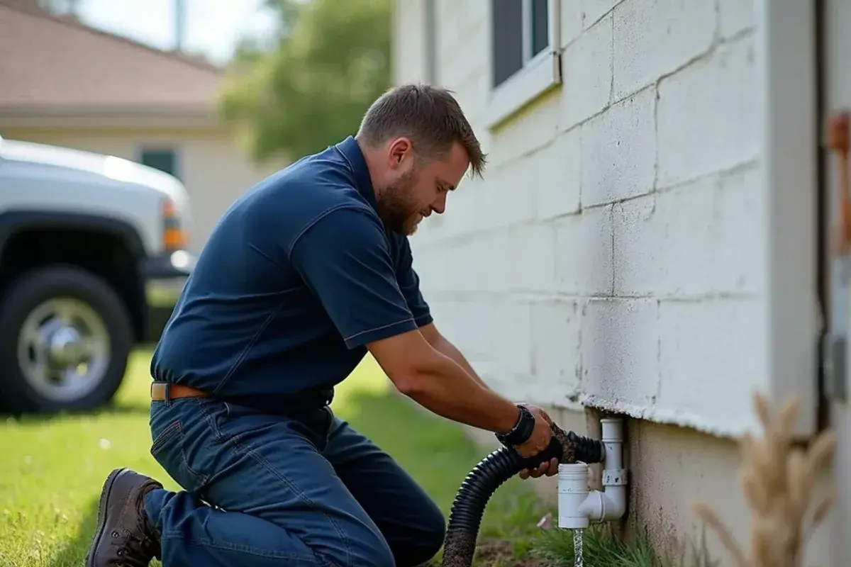 Technician flushing an AC condensate drain outlet at the foundation of a house near Sullivan City