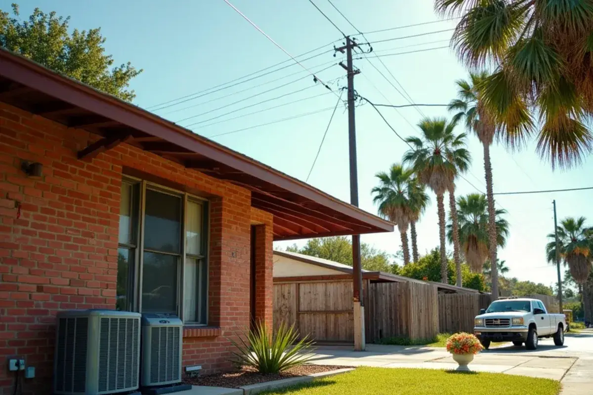 Split-system condenser on a concrete pad beside a brick ranch house on a palm-lined McAllen street