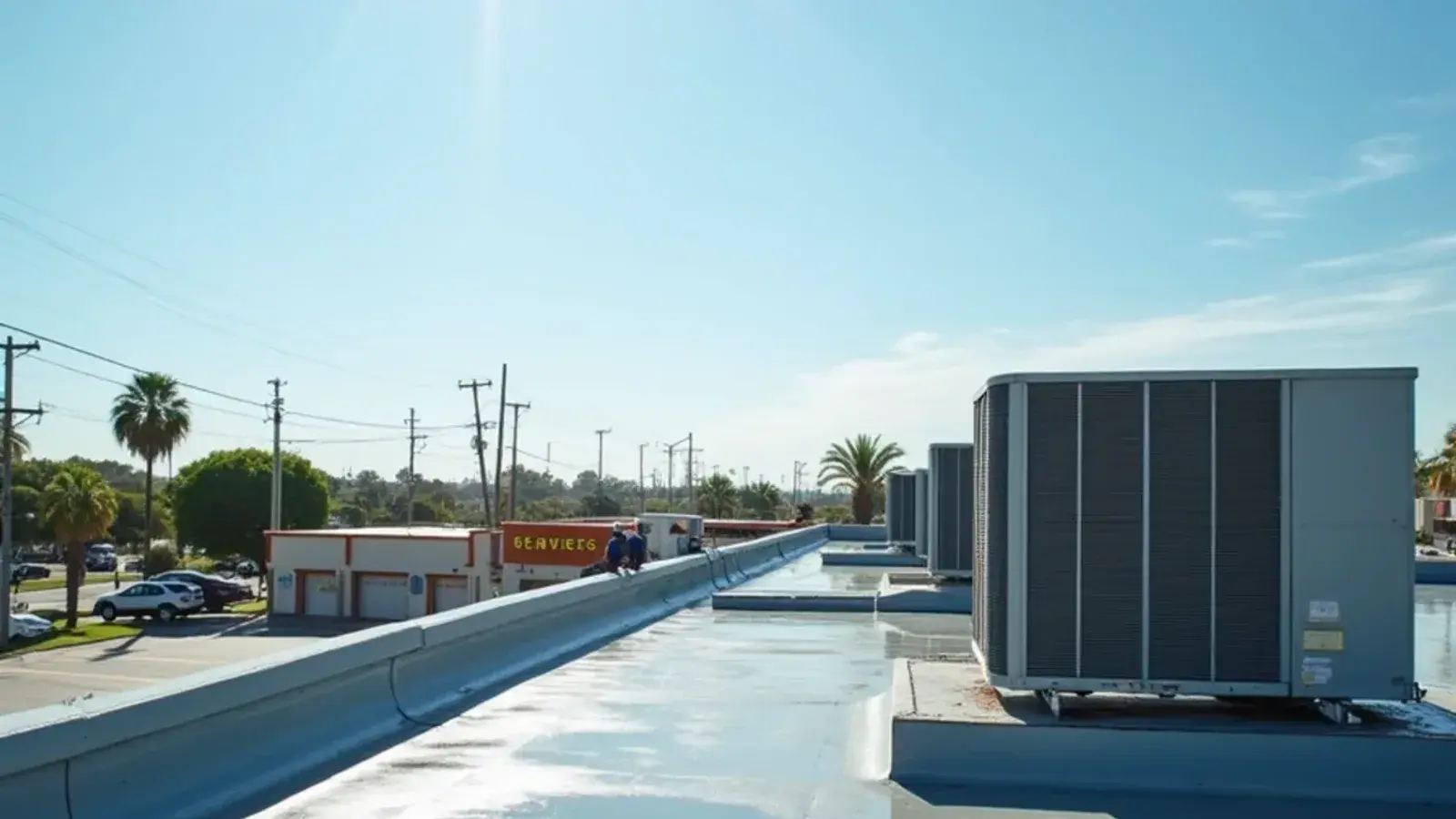 Rooftop package AC units on a puddled flat roof of a stucco retail strip after a summer downpour in McAllen, TX