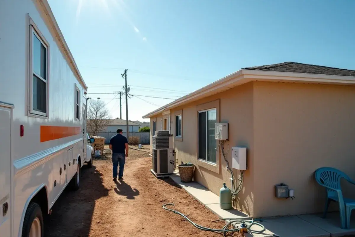 Packaged unit beside a mobile home and a mini-split condenser on its block add-on in Mi Ranchito Estate