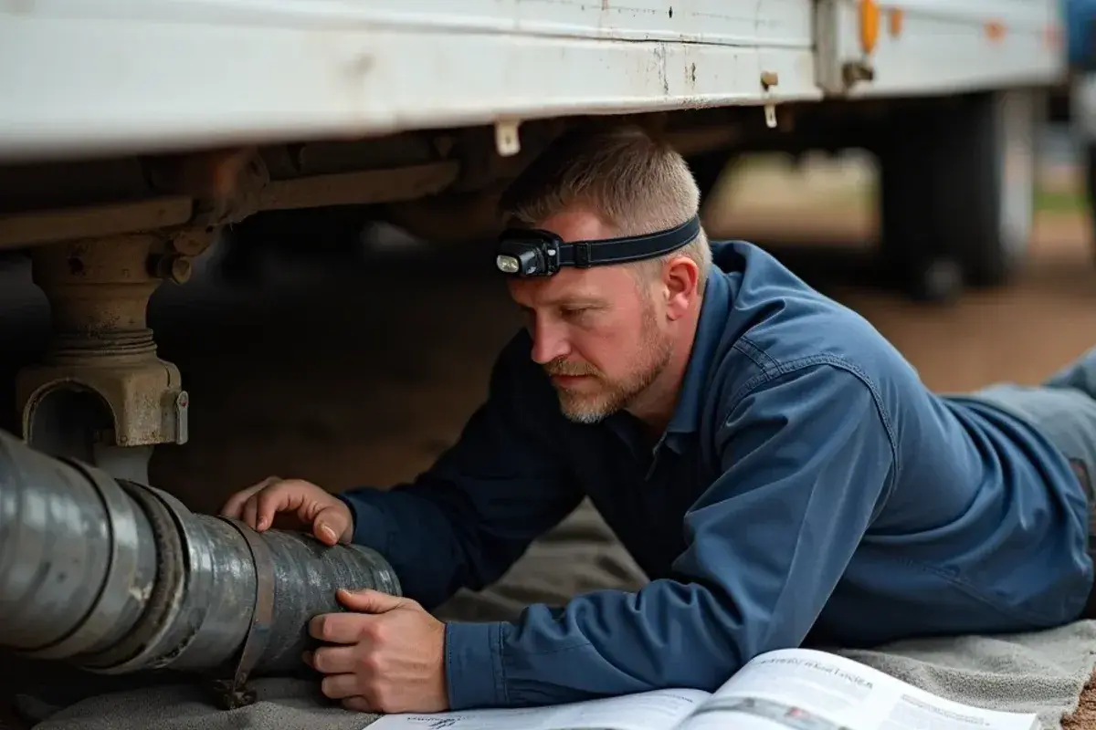 Technician sealing a crossover duct connection beneath a manufactured home in Mi Ranchito Estate
