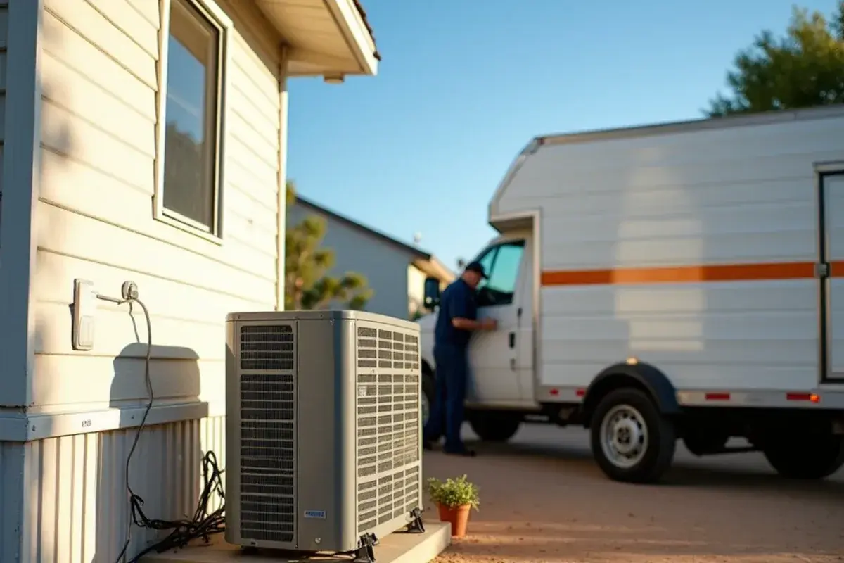 Mini-split condenser on a small pad beside a single-wide manufactured home in Mikes, TX