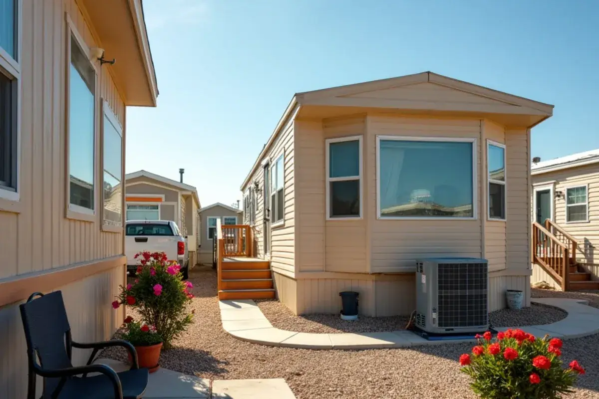 Small heat pump outdoor unit beside a park-model home in a Mission, TX RV resort
