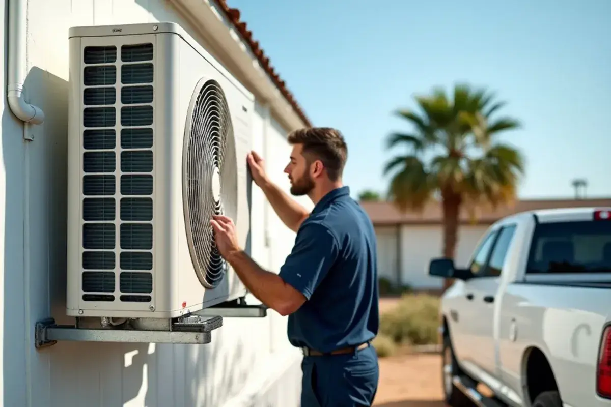 Mini-split condenser on a wall bracket outside a mobile home near Mission, TX
