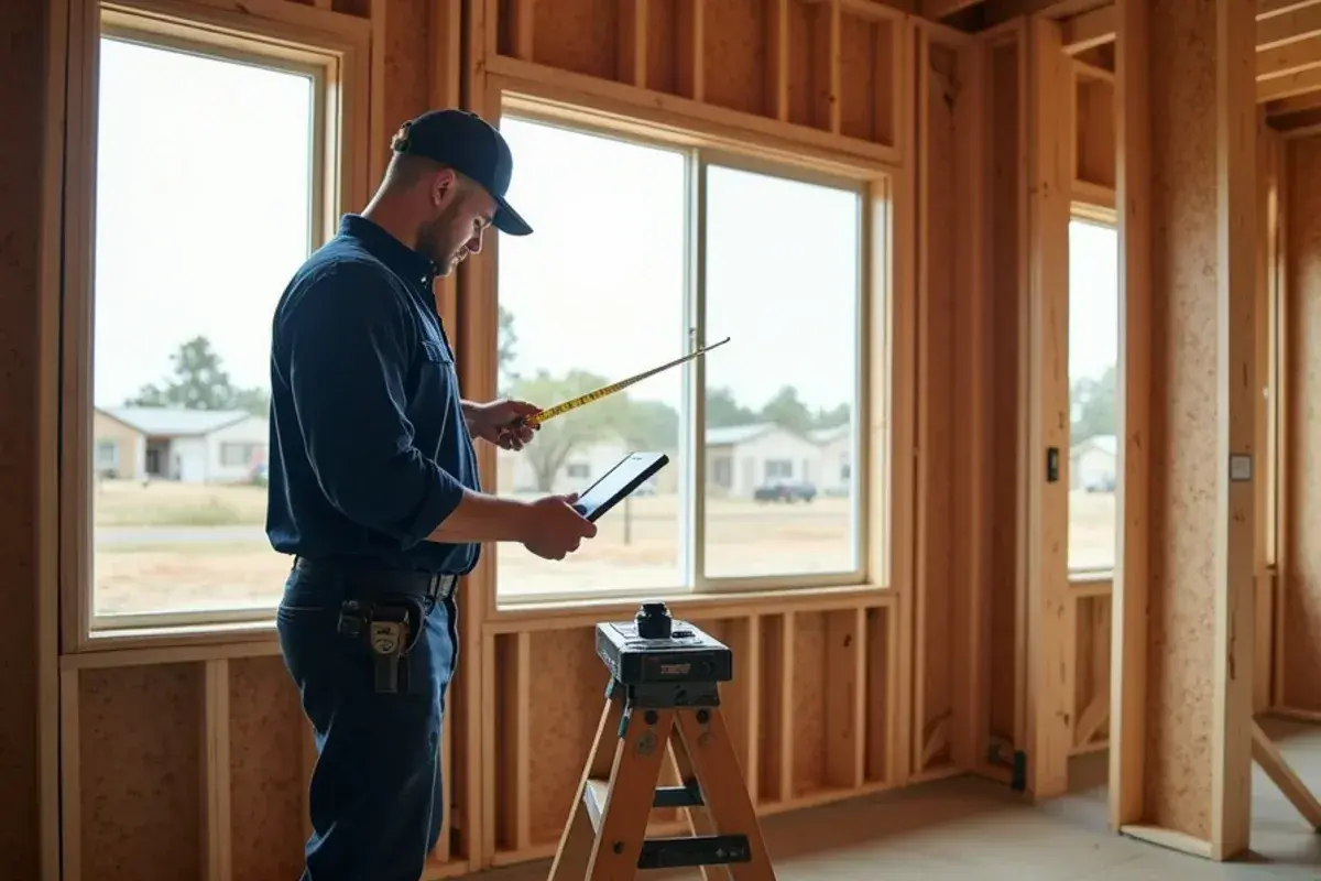 Technician measuring windows for a cooling load calculation in a newly framed house in Murillo, TX