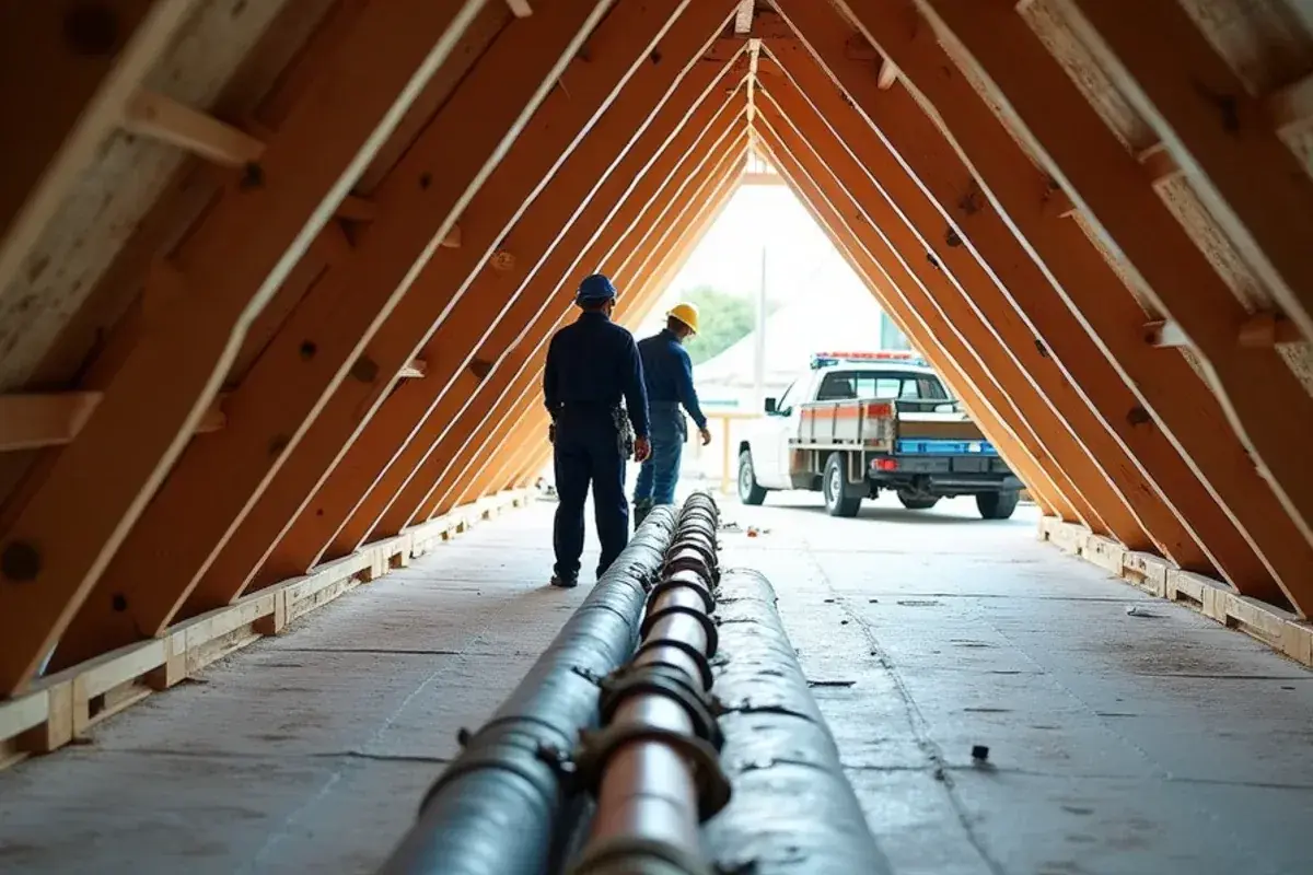Insulated supply trunk and flex runs in the attic of a new home east of Edinburg near Murillo, TX