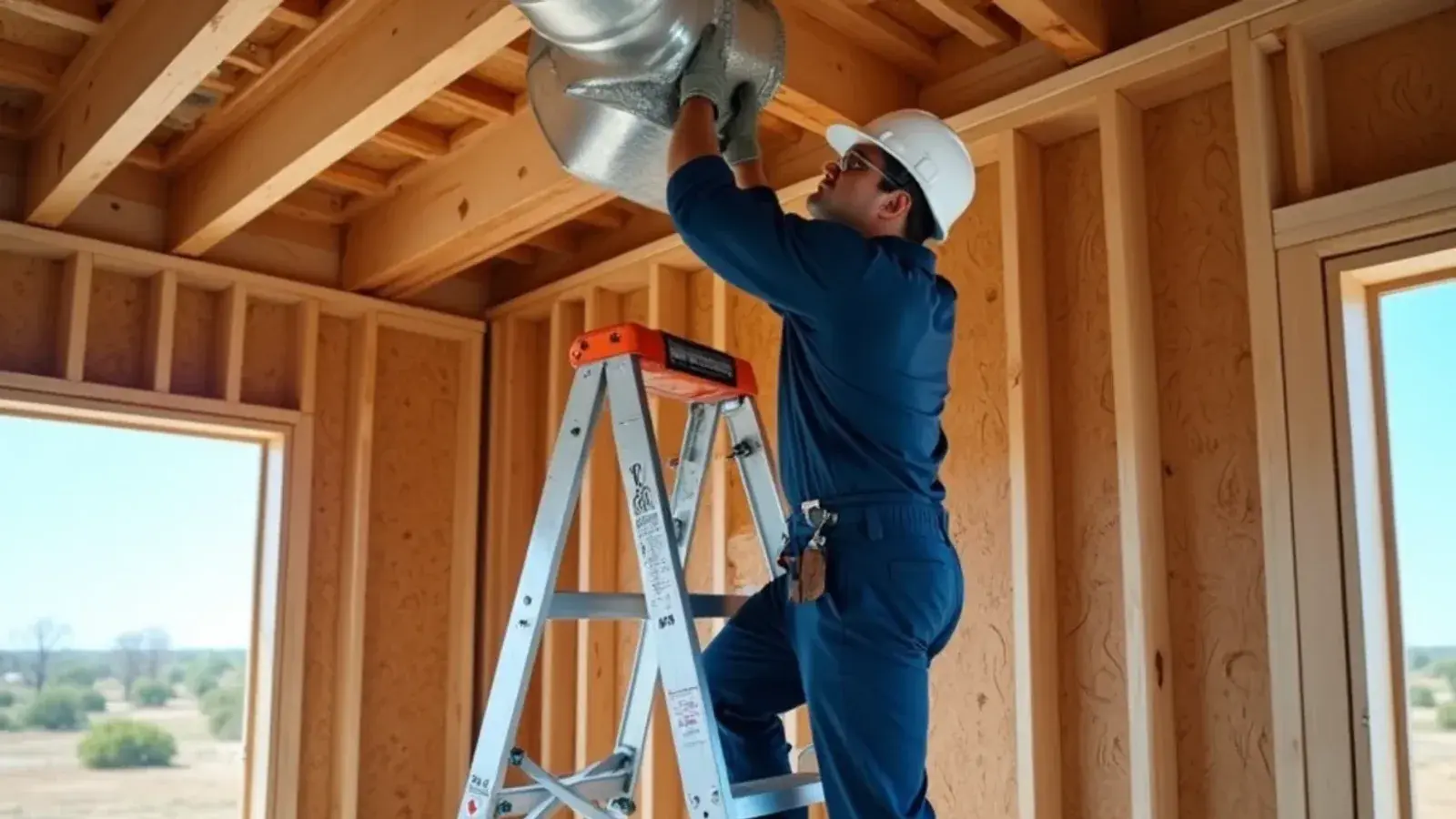 Technician hanging a supply duct trunk in a newly framed home in Murillo, TX