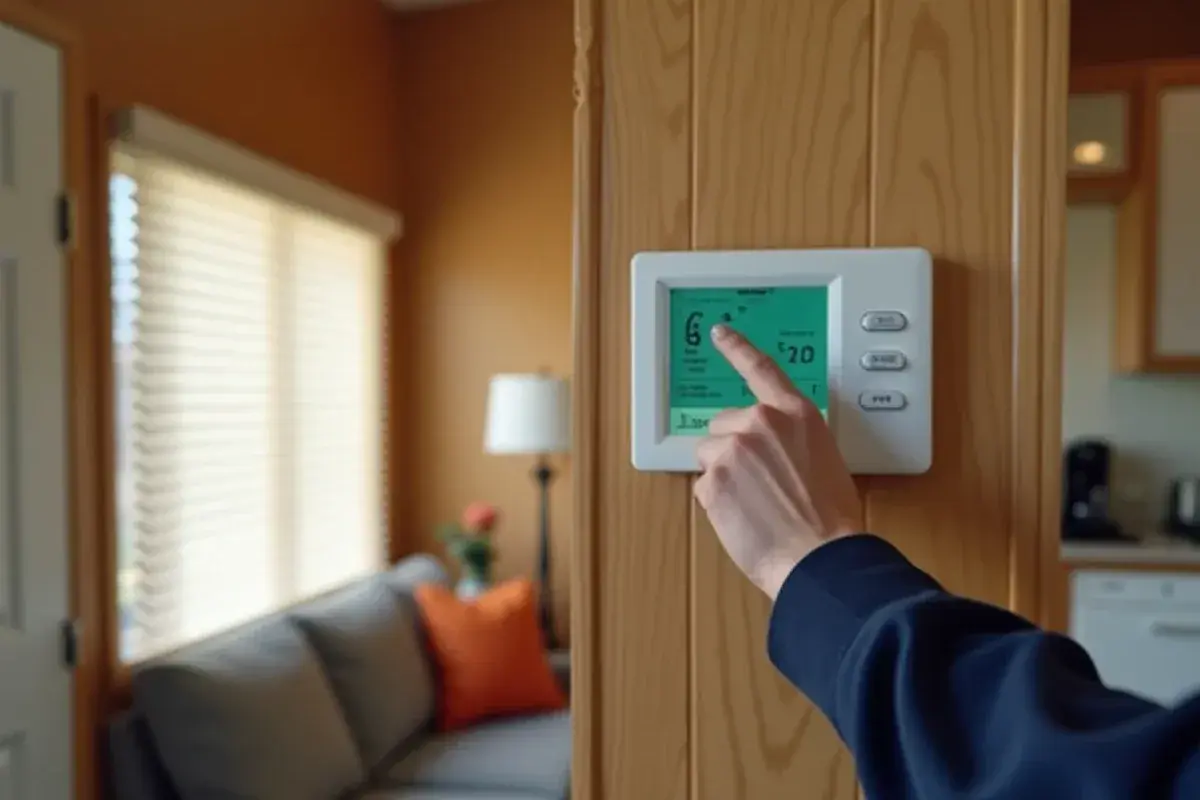 Hand adjusting a wall thermostat in a park model home before the owner leaves North Alamo, TX