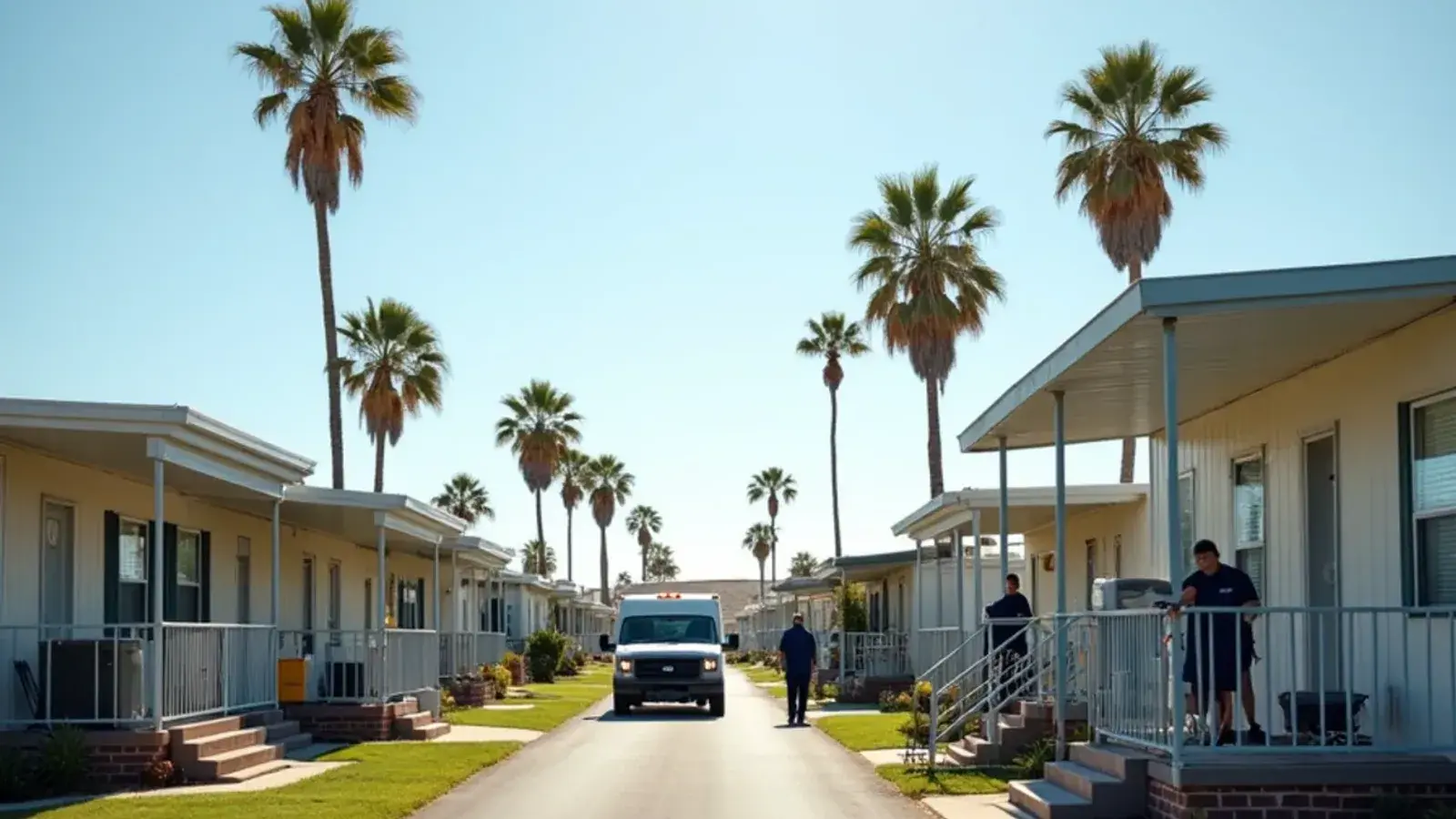 Lane of mobile homes and park models with porches and heat pumps under palms in North Alamo, TX