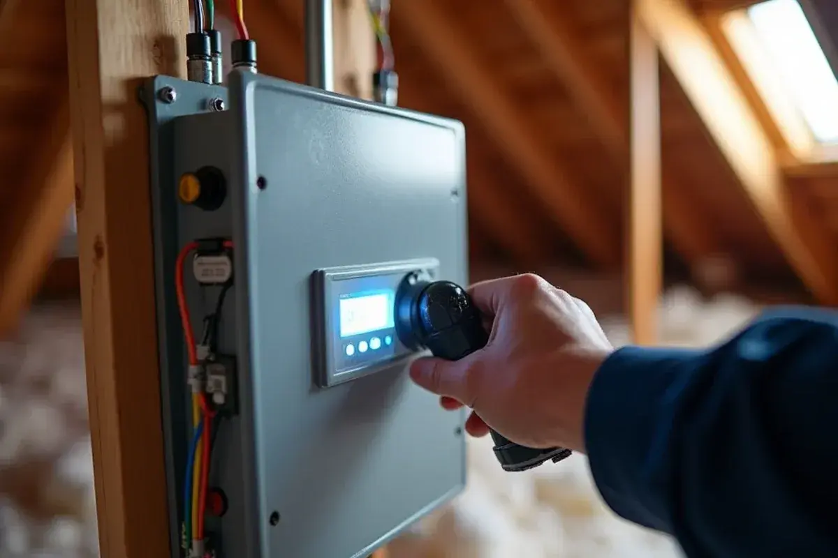 Zone control board and motorized dampers on a supply plenum in a Palmhurst attic