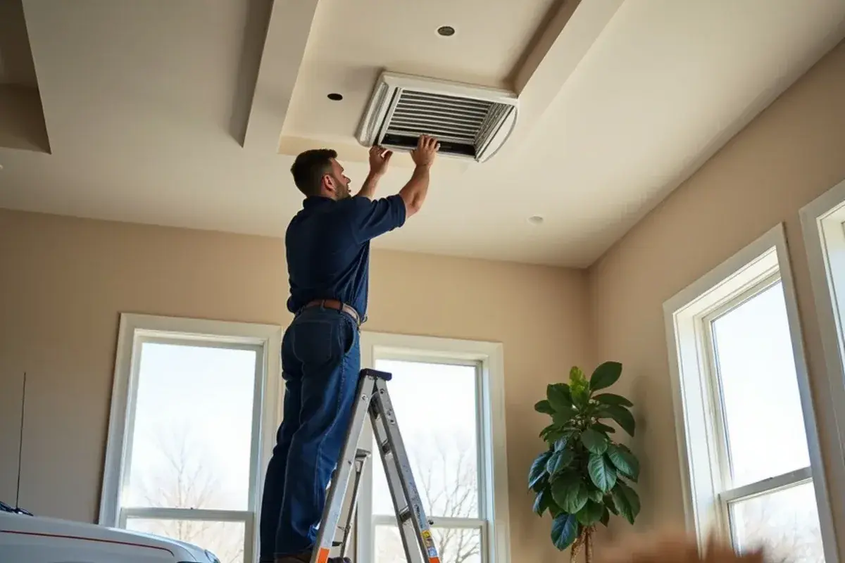 Pleated high-MERV filter going into a ceiling return grille in a Palmhurst living room
