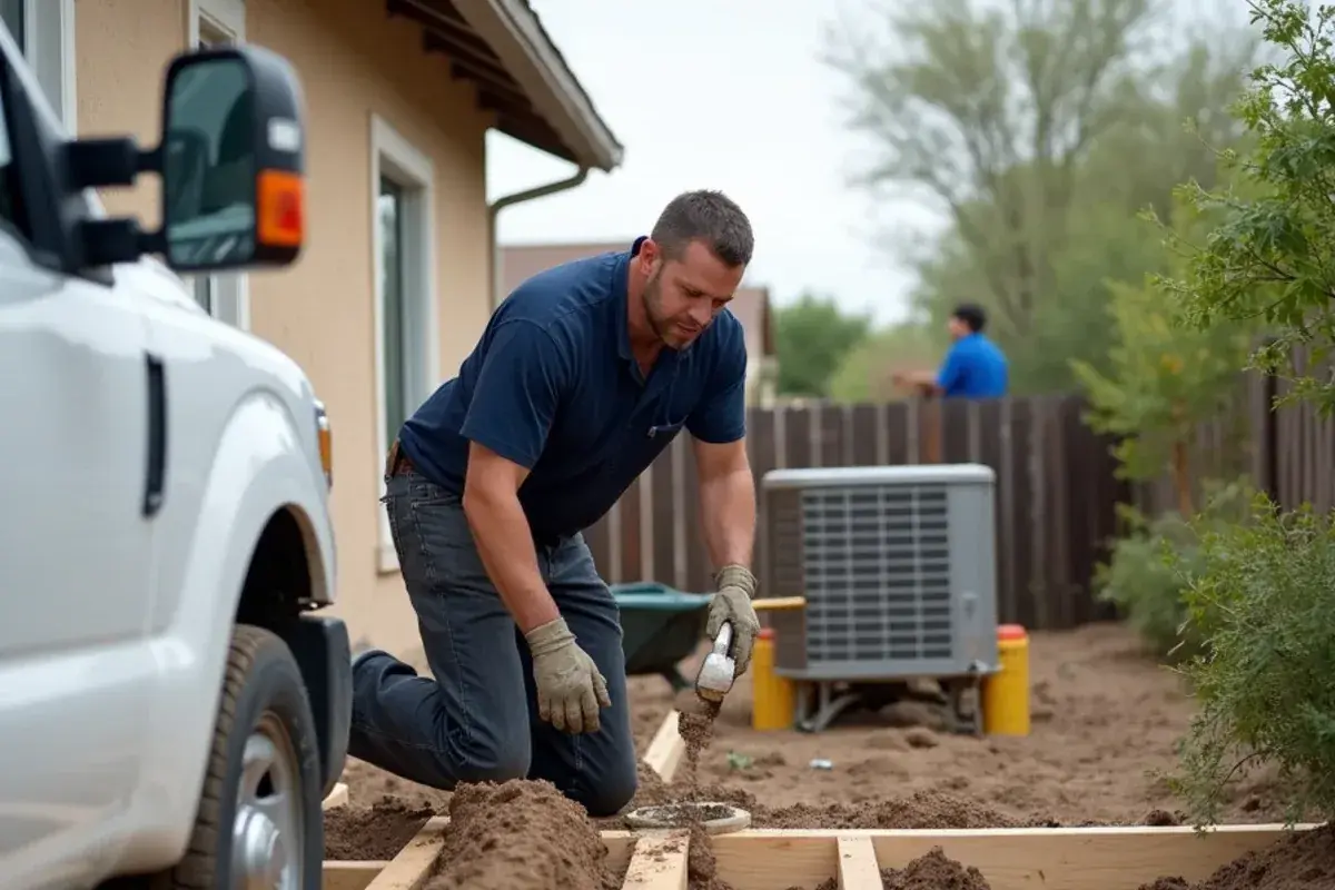 Wooden forms set for a raised AC condenser pad beside a home in Palmview South