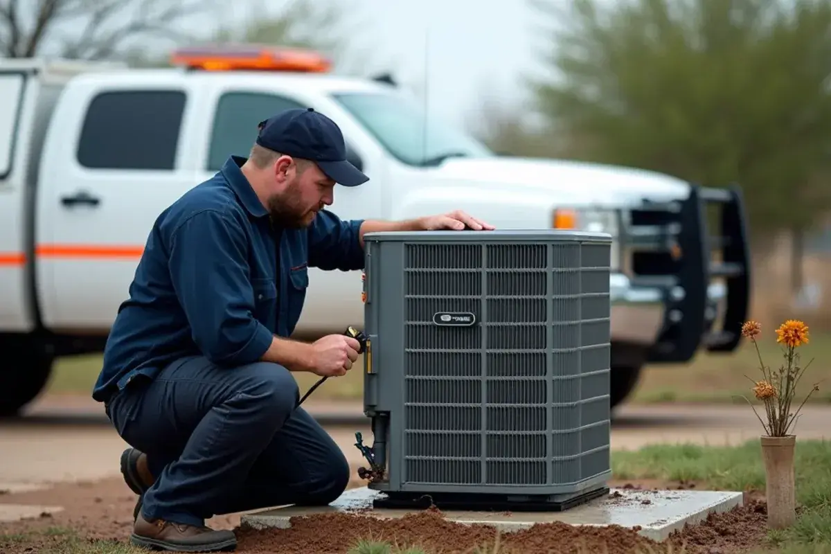 Outdoor AC unit with a mud line on its lower coil after storm flooding in Palmview South