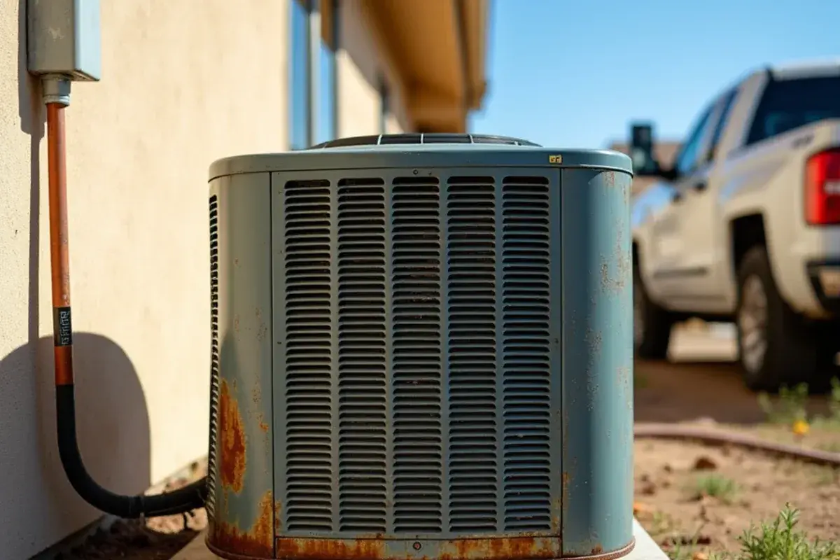 Sun-faded builder-grade AC condenser with bent fins beside a stucco wall in Palmview