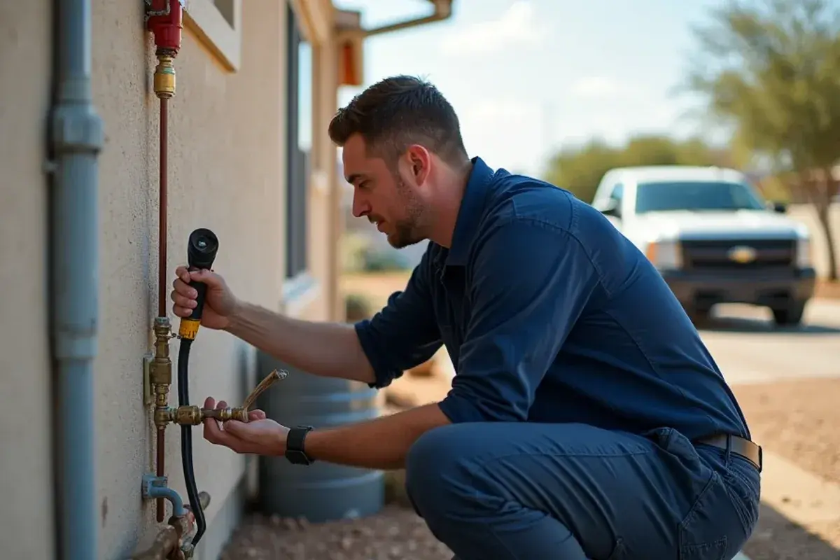Technician inspecting copper refrigerant lines before an AC replacement in a Palmview home