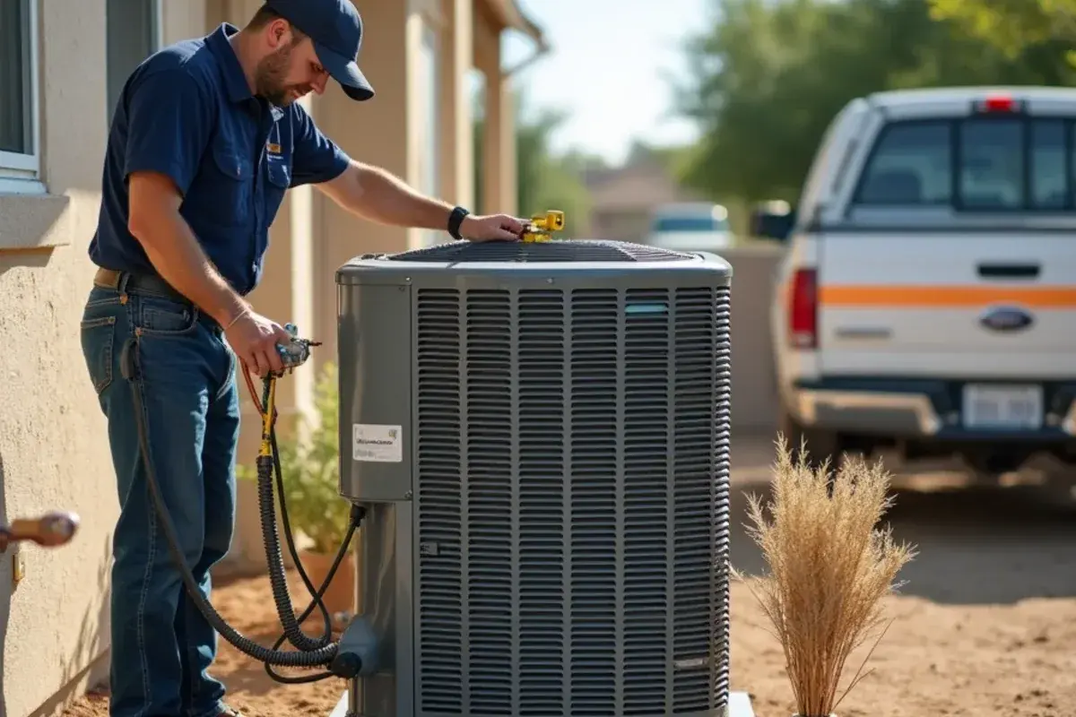 Newly installed AC condenser on a level pad during start-up at a Palmview house