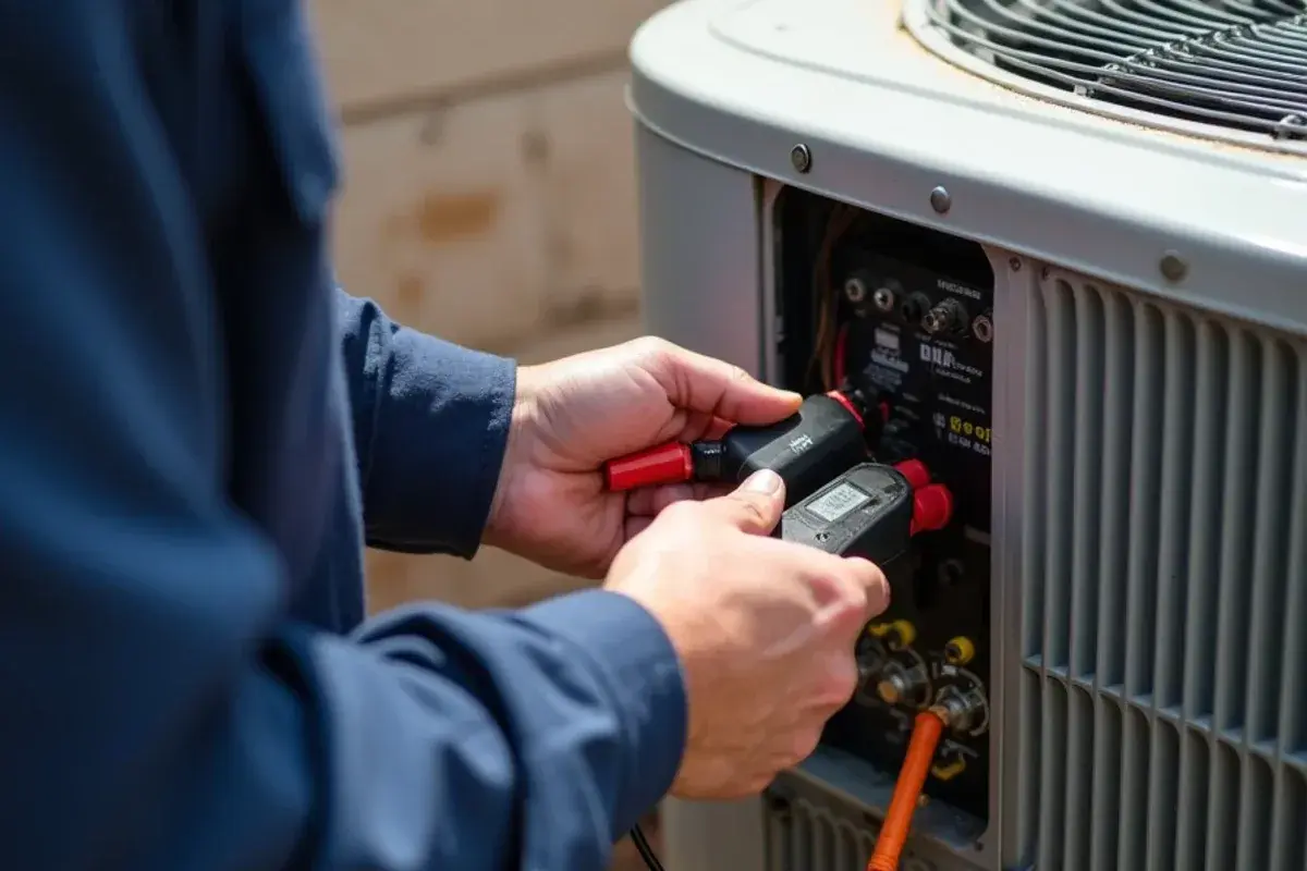 Technician testing the run capacitor on a builder-grade condenser at a Peñitas, TX subdivision home